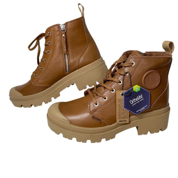 NEW $129 Sundance Palladium Mid Combat Boots Tan Leather Side Zip Chunky Sole 10 - Picture 1 of 14